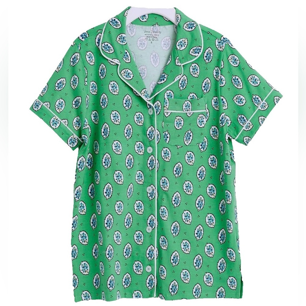 VERA BRADLEY Cotton Pajama Button Up Top Garden Green Leaf NEW